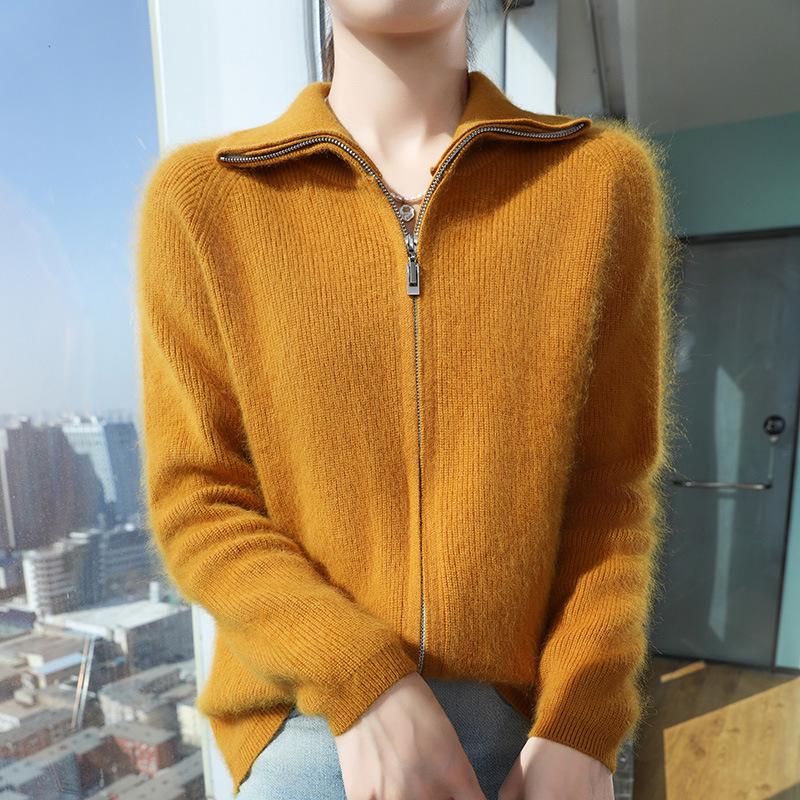 Lekasha 100% Mink Cashmere Zipper Knit Cardigan - Women's Loose, Versatile Autumn/Winter Outerwear