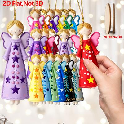 18 Pieces of Flat Angel Decorations (wooden 2D Artificial Decorations), Used As Hanging Ornaments for Christmas Trees