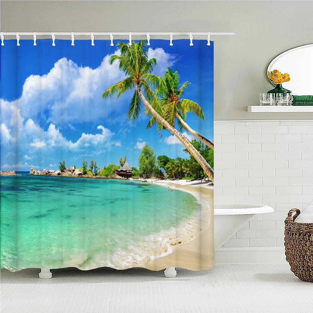 Sunny Beach Palme Meereslandschaft Stoff Duschvorhang Wasserdicht Polyester Badvorhänge für Badezimmer Dekorieren mit Haken