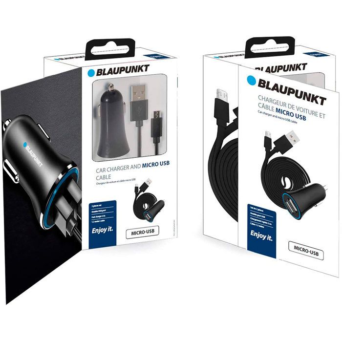 Chargeur de Voiture avec 2 Sorties USB et Câble Micro USB, 5V, 1,2 m Blaupunkt BLP0207 Noir 00874