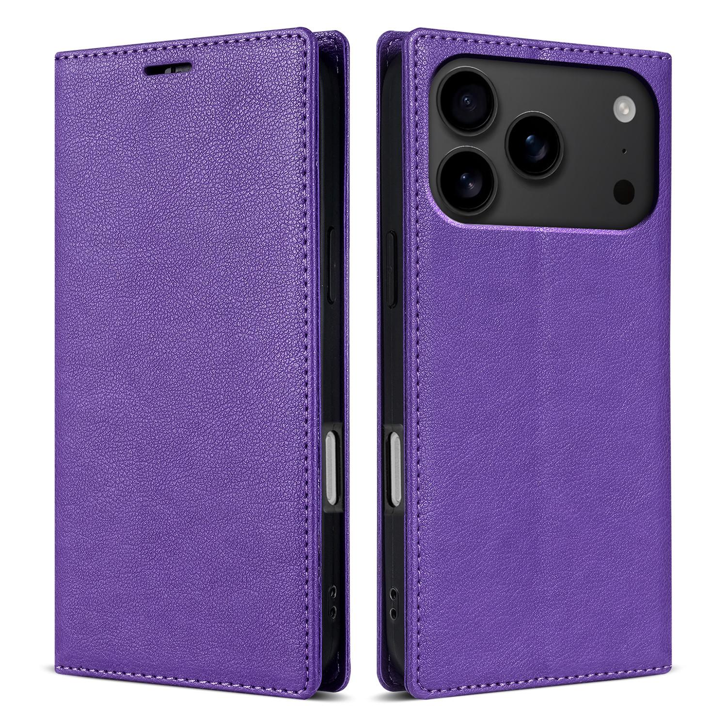 

For iPhone 17 Pro Wallet Case Magnetic Closure PU Leather Phone Cover Purple