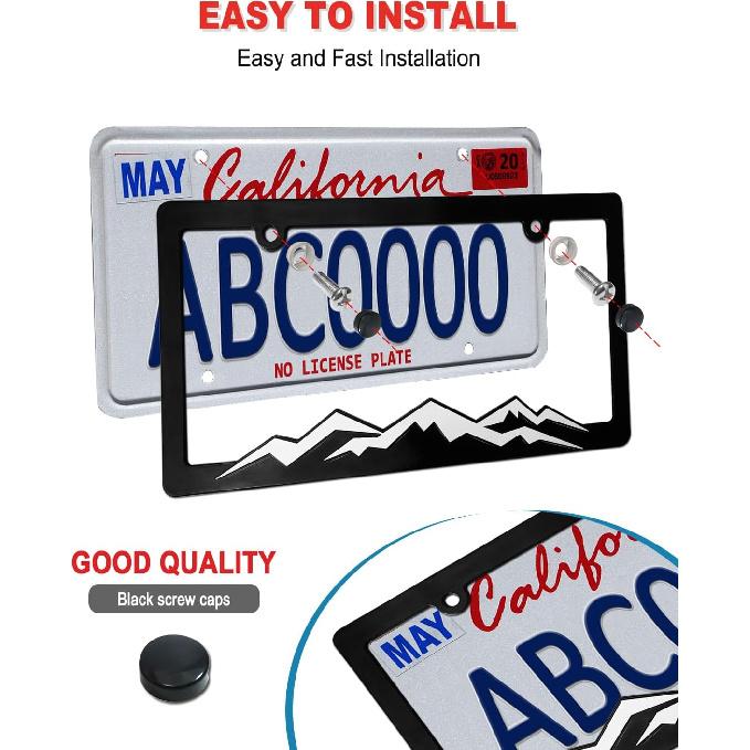 Mountain License Plate Frames- Plastic Black Car Tag Holder Bracket With Screws Caps, 2 Packs 2 Hole, White On Black, Mountain Vinyl Sticker Included