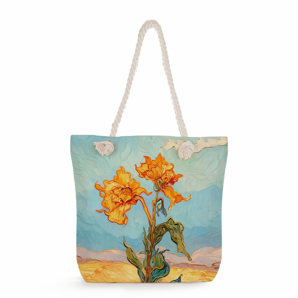 Multifunctional Oil painting flowers Printed Thick Rope Shoulder Beach Bag Casual large capacity handbag 0245