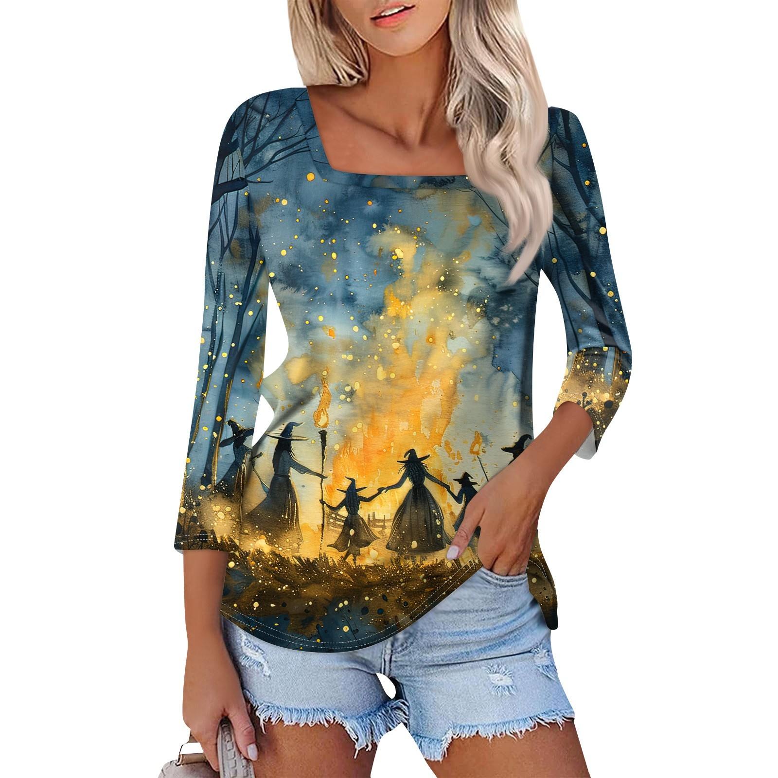 

Рубашка для женщин, модная, повседневная, с квадратным вырезом, рукавом 3/4, свободная, с принтом на Хэллоуин, женская футболка, топ XL жёлтый