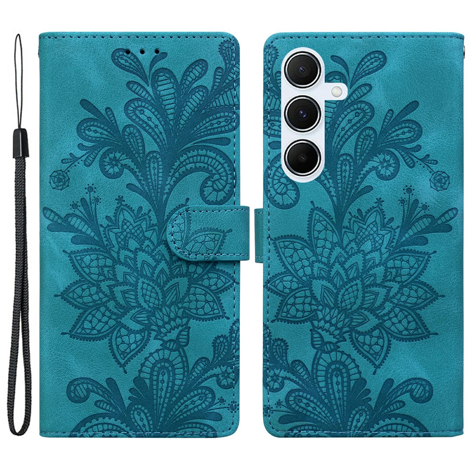 

For Samsung Galaxy A16 5G/4G Case Imprinted Lace Flowers PU Leather Wallet Phone Cover Green