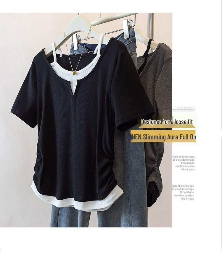 Women's Plus Size Patchwork Faux Two-Piece Short Sleeve T-Shirt - Loose, Slimming, Versatile Summer Style