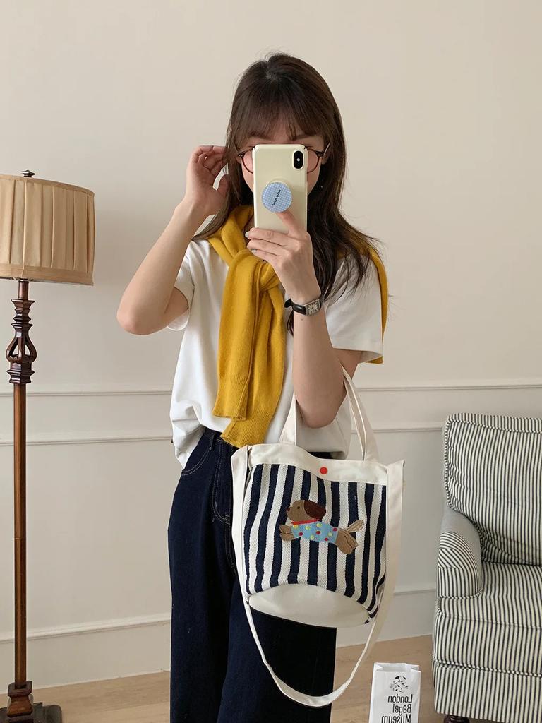 Cartoon Puppy Women's Stripe Bucket Bag Cute Canvas Female Shoulder Crossbody Bags Daily Handheld Bento Bag Girls Purse Handbags