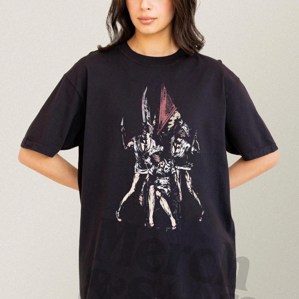 Grunge Horror Videospiel T-Shirt 90er Y2K Silent Pyramid Head T-Shirt Kleidung Grafik Kurzarmshirt Unisex Unisex Damen Ganzjahres