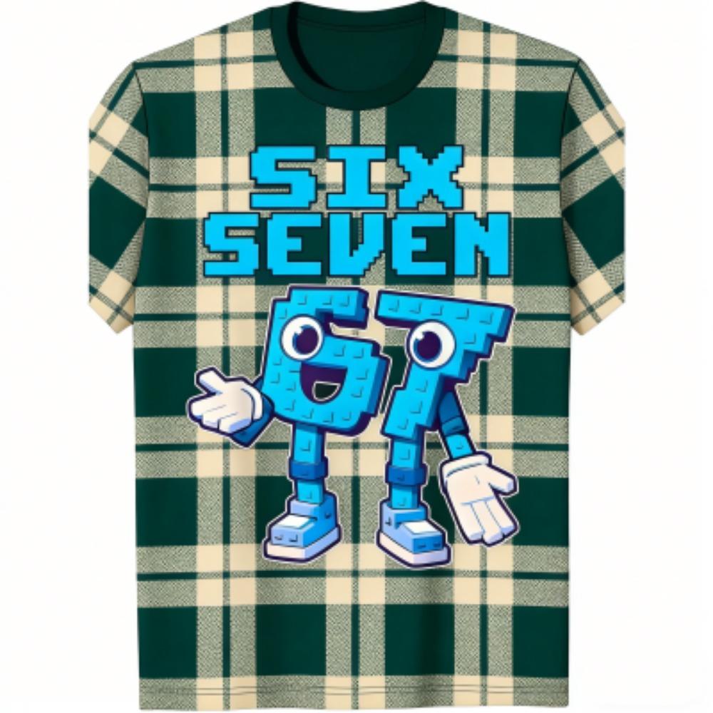 Fashion Kids T-Shirt 67 Six Seven Grid Print Boy and Girl Tees Top Summer Short Sleeve O Neck Casual Outdoor Kids Clothing