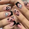 Black Long Coffin Press On Nails Square Tip With Love Heart Print 24Pcs Wearable False Nails For Women Girls Valentine Gift