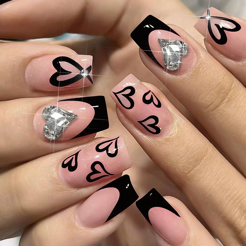Black Long Coffin Press On Nails Square Tip With Love Heart Print 24Pcs Wearable False Nails For Women Girls Valentine Gift
