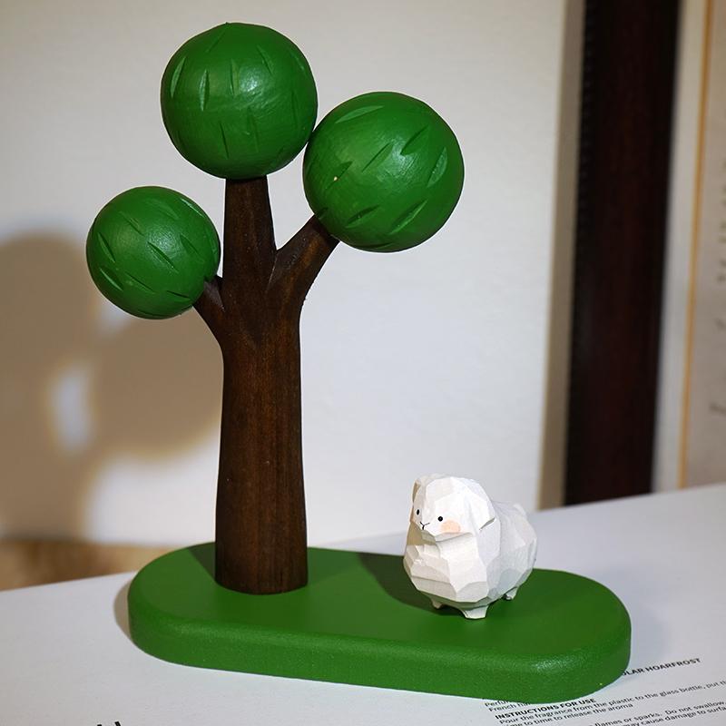 Handmade Wooden Lamb Figurine Cute Mini Animal Desktop Decor Gift for Kids