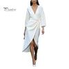 Lady Ruffle Dress Summer Women Deep V-Neck Dress, Slim Waist Midi Long Sleeves Solid Color Wrap for Daily Wear Party