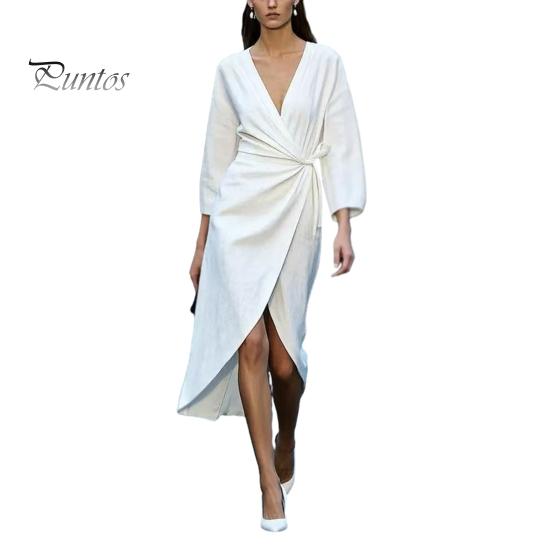 Lady Ruffle Dress Summer Women Deep V-Neck Dress, Slim Waist Midi Long Sleeves Solid Color Wrap for Daily Wear Party