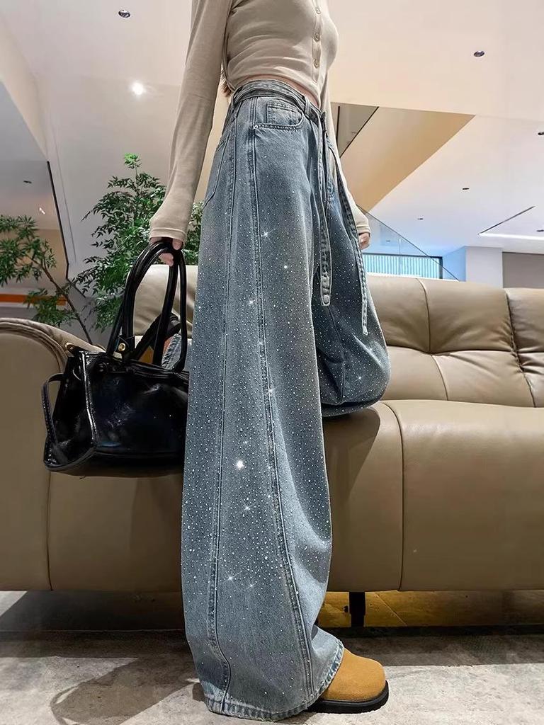 Women's Rhinestone Star Wide-Leg Jeans - High Waist, Slimming Casual Palazzo Pants (Spring 2026)