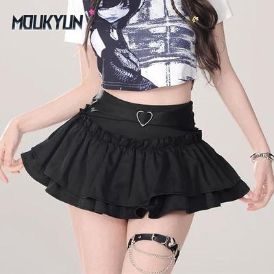 Kawaii Mini Skirt Woman Summer Lolita Y2k High Waist Sweet Short Skirt Girls Korean Black Pink A-line Skirts