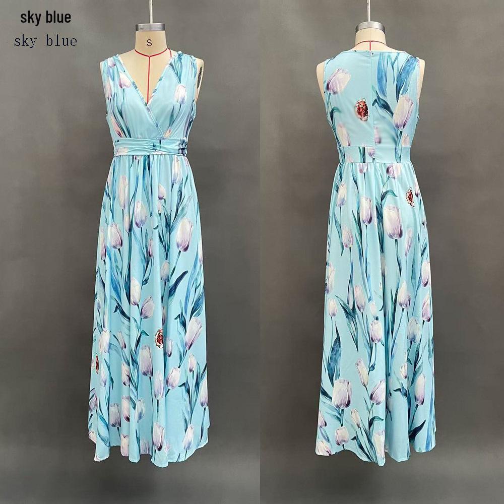 European Blue Tulip Print Sleeveless V-Neck Chiffon Long Gown - Elegant and Flowy Formal Dress for 2026 Banquets