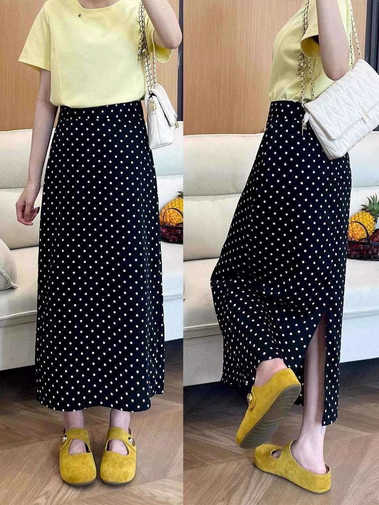Women's Plus Size High Waist Black Polka Dot A-Line Skirt with Slit – Autumn Style for Pear Shapes