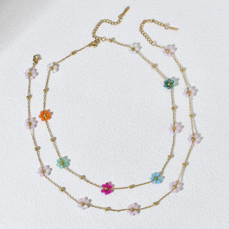 Women Elegant Stainless Steel Crystal Flower O Bead Chain Clavicle Necklace Jewelry