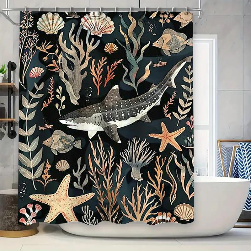 Underwater World Shower Curtain Dark Blue Coral Marine Life Design Decorative Bathroom