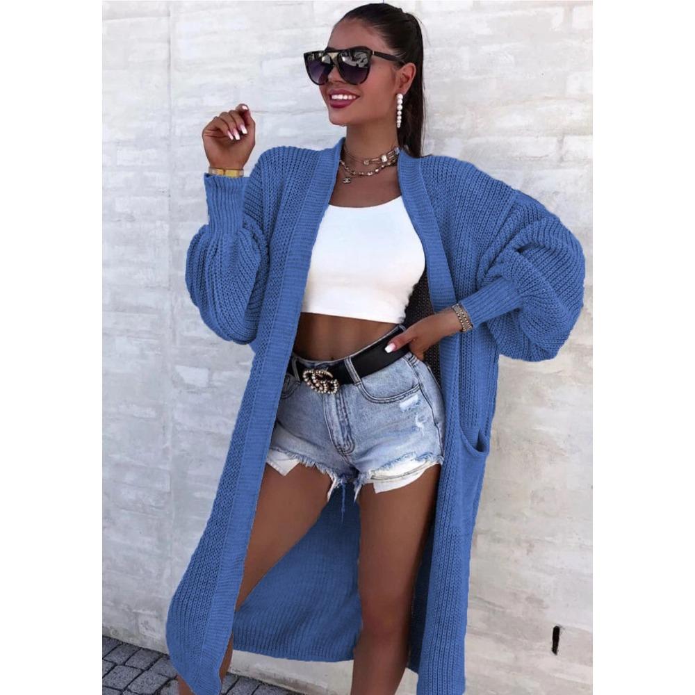 Chun-needle Knitted Sweater for Autumn and Winter Women's Outerwear, Solid Color Large-sized Long Pocket Cardigan Coat