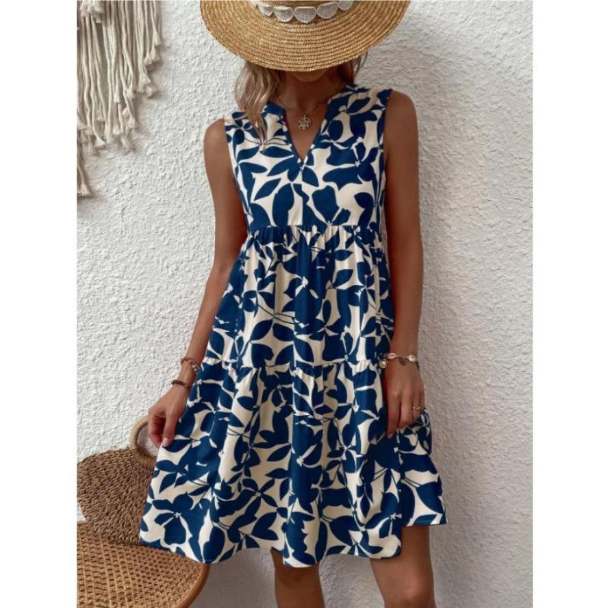 

TIFICY Women s Fashion Summer Spring Flower Pattern Print Sleeveless V-Neck Middle Waistline Casual Dresses XXXXXL Темно-синій