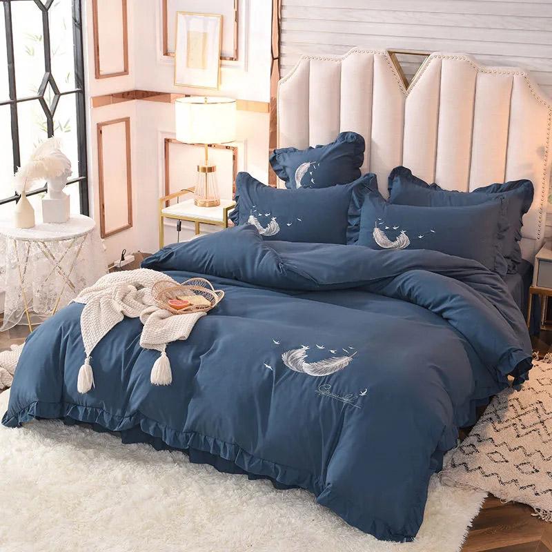 4pcs/set Korean Feather Embroidered Bed Skirt Bedding Set Female Princess Style Solid Color Double Sheet Quilt Cover Pillowcases Set
