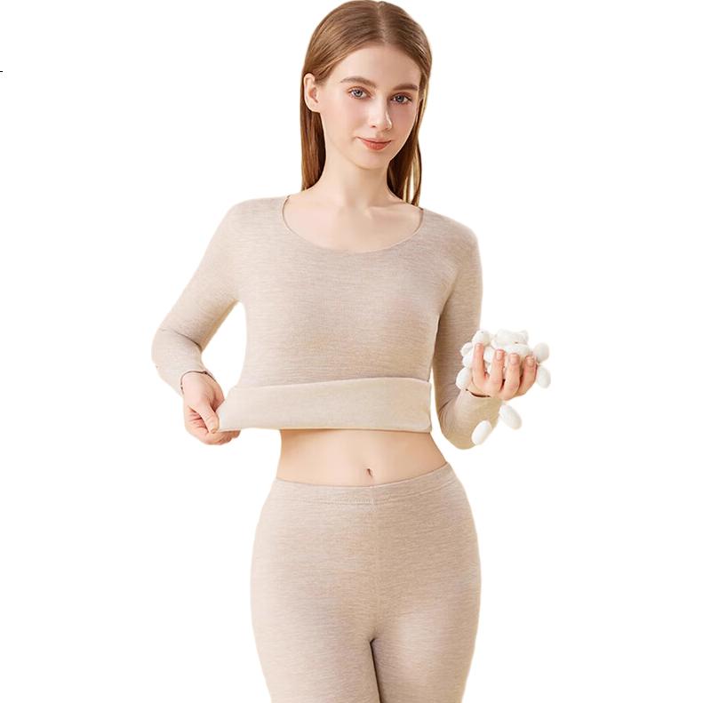 BOPRUIEY Women's Thermal Underwear Set, Cashmere And Silk Antibacterial Heat-Generating Round Neck Thin Fleece Base Layer Autumn Top And Pants Set