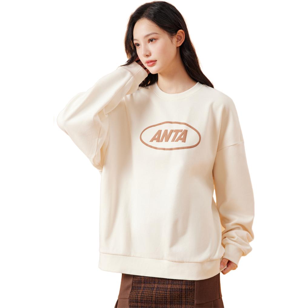Anta Lifestyle Series Letter Round Neck Pullover Fleece Sweatshirt Unisex Sweatshirt Beige 972338702-1