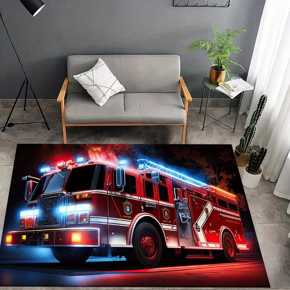 Firetruck Rug for Kids Room Decor Emergency Vehicle Theme Playroom Accessories Fire Truck Carpet Living Room Flooring