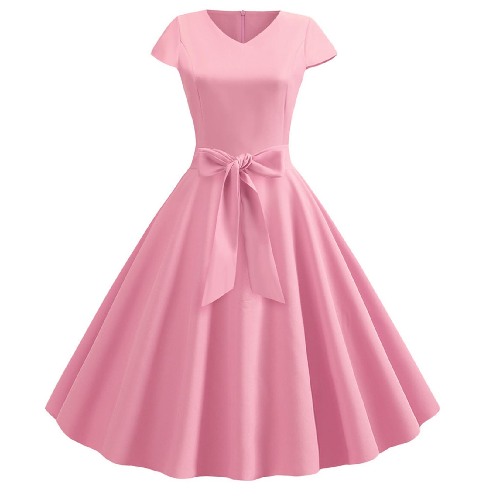 

Жіноча вінтажна тонка вінтажна сукня з коротким рукавом і бантом із низом M рожевий