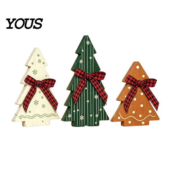 Rustic Christmas Tree Tabletop Ornaments 3Pcs Wooden with Plaid and Hemp Rope Bow, Farmhouse Indoor Decorations for Fireplace Polka Dot Xmas