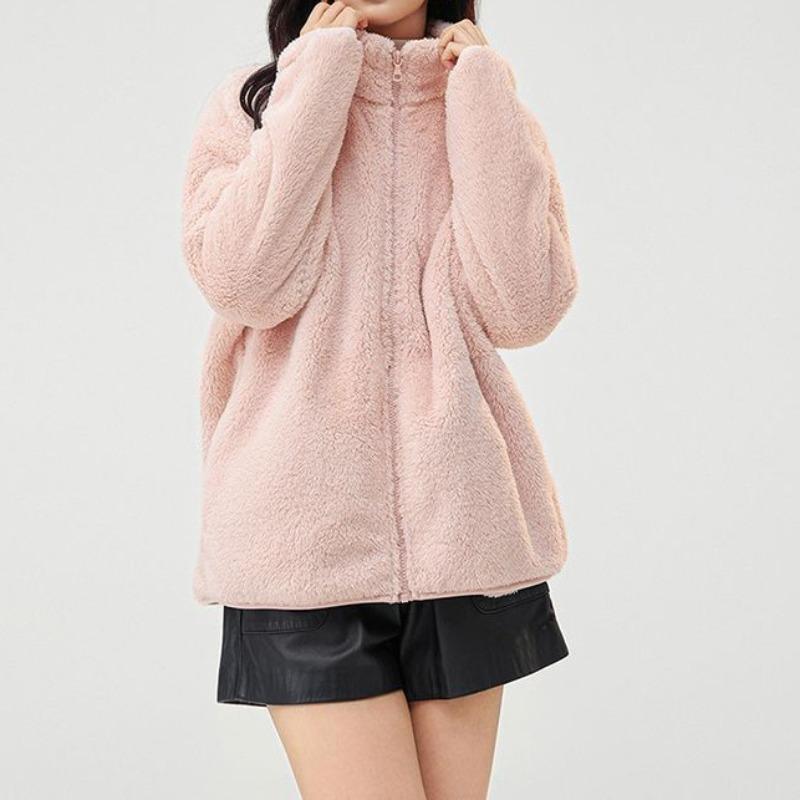 Autumn and Winter New Loose Double-sided Fleece Sweater Women's Pink Coral Fleece Warm Jacket Stand-up Neck Cardigan Fleece Trendy