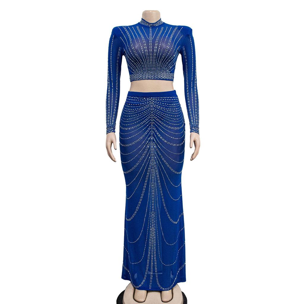 European & American Fashion Mesh Hot Drilling See-through Long Sleeve Long Dress Two-piece Set for Women
