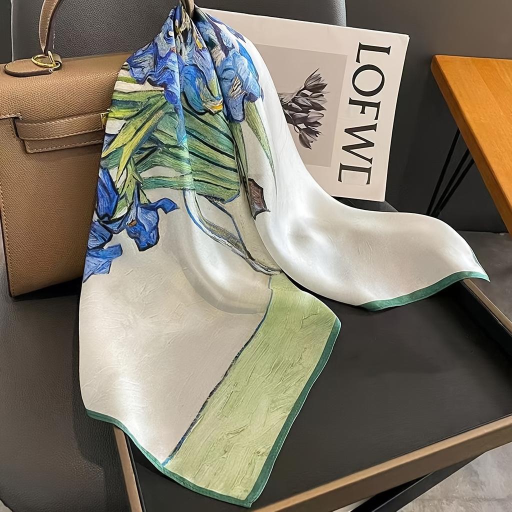 27.55" Oil Painting Flower Printed Square Scarf Elegant Thin Smooth Neck Scarf Literary Decorative Silky Headband For Women