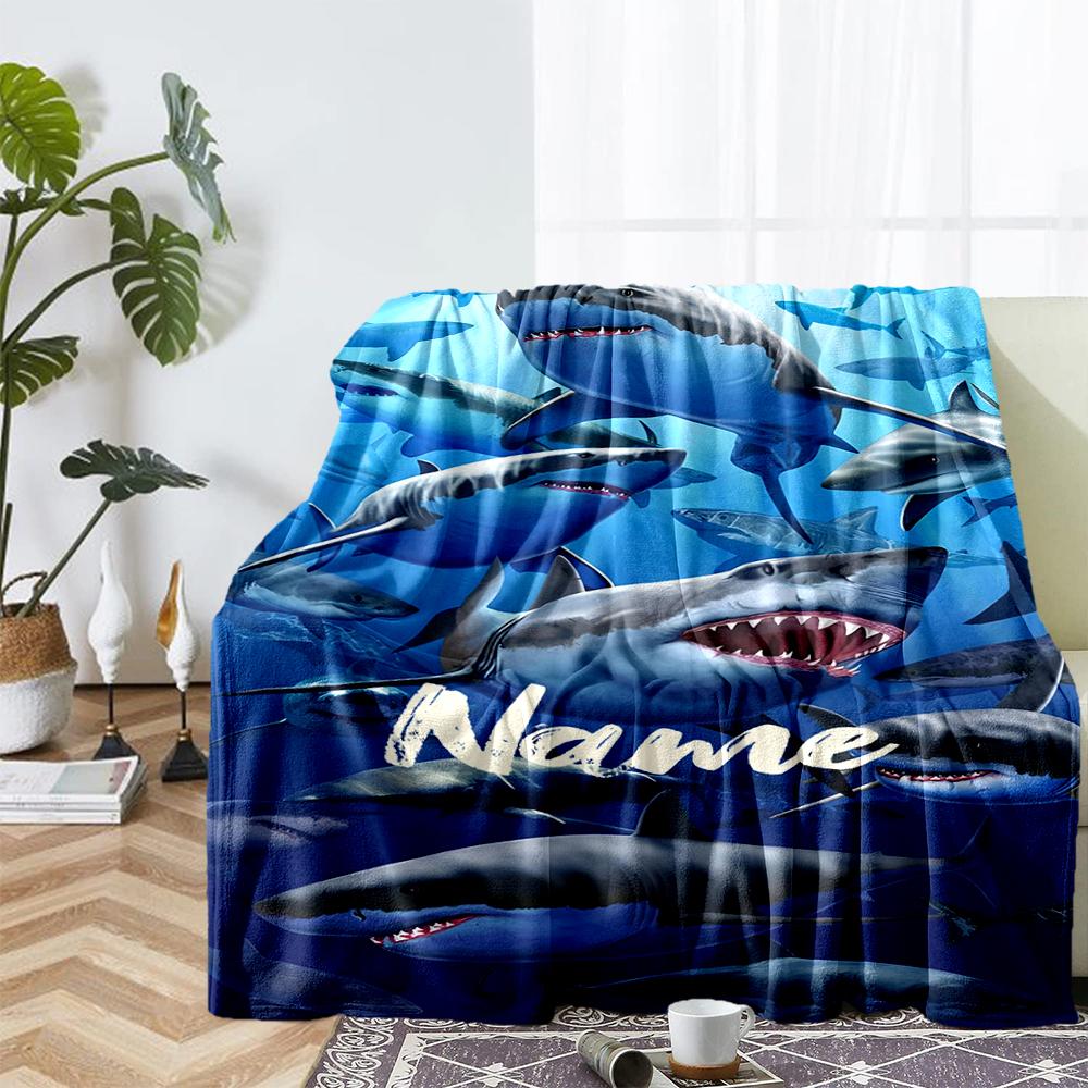 Custom Name Shark Theme Printed Blanket - Perfect for Couch, Bed, Travel & Outdoor Use | Machine Washable, Cozy & Durable.