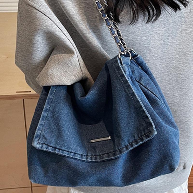 New chain large capacity denim tote bag casual college student shopping bag commuter shoulder messenger bag