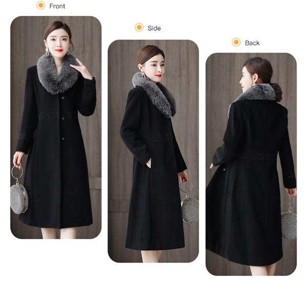 Big Fur Collor Damen Wollmantel Schwarz Langer Trenchcoat Jacke Schlanker Wollmischungsmantel Elegante Freizeitjacke Vintage Gothic Jacke