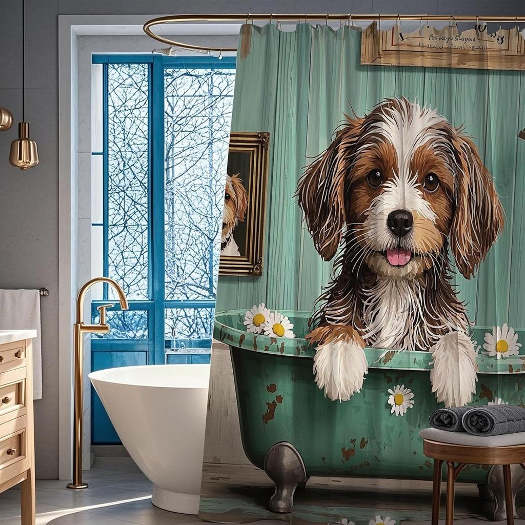 Cute Dog Shower Curtain Funny Animal Shower Curtains Set Fun Puppy Cartoon Teddy in Bathtub Flower Rustic Country Daisy Boys
