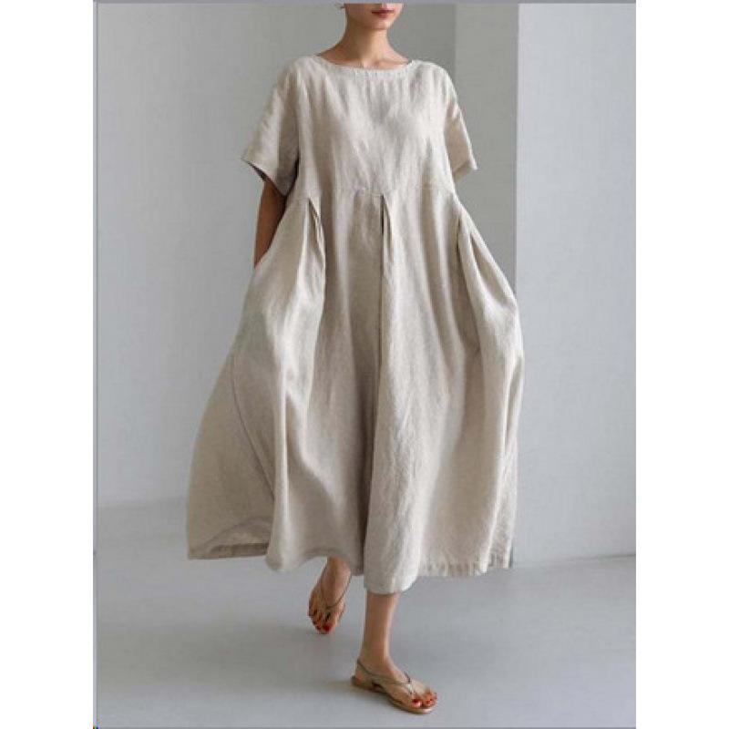 Damen Sommer Übergröße Gestreiftes Print Maxikleid, Lässiges Lockeres Rundhals Kurzarm Oversized A-Linien-Kleid