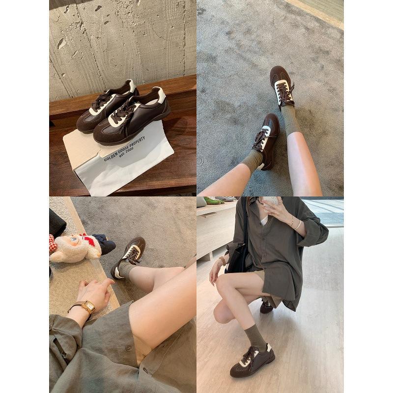 Cowhide Grape Mother with the Same Lace-up Color Matching Round Head Versatile Casual Sports Shoes Women's Genuine Leather Board Shoes Heig