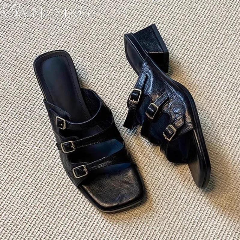 Women Slippers New Square Toe Sandals Party Shoes 2025 Summer Elegant Woman Pumps Brand Buckle Slides Sandalias Mujer