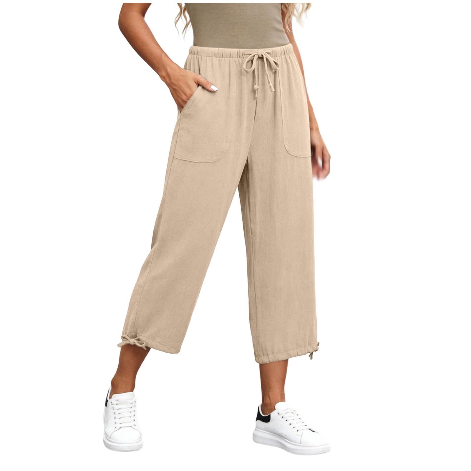 

Womens Drawstring Waist Wide Leg Pants with Pockets Loose Fit Cropped Trousers Lightweight Casual Style Trousers for Daily Wear XL хакі