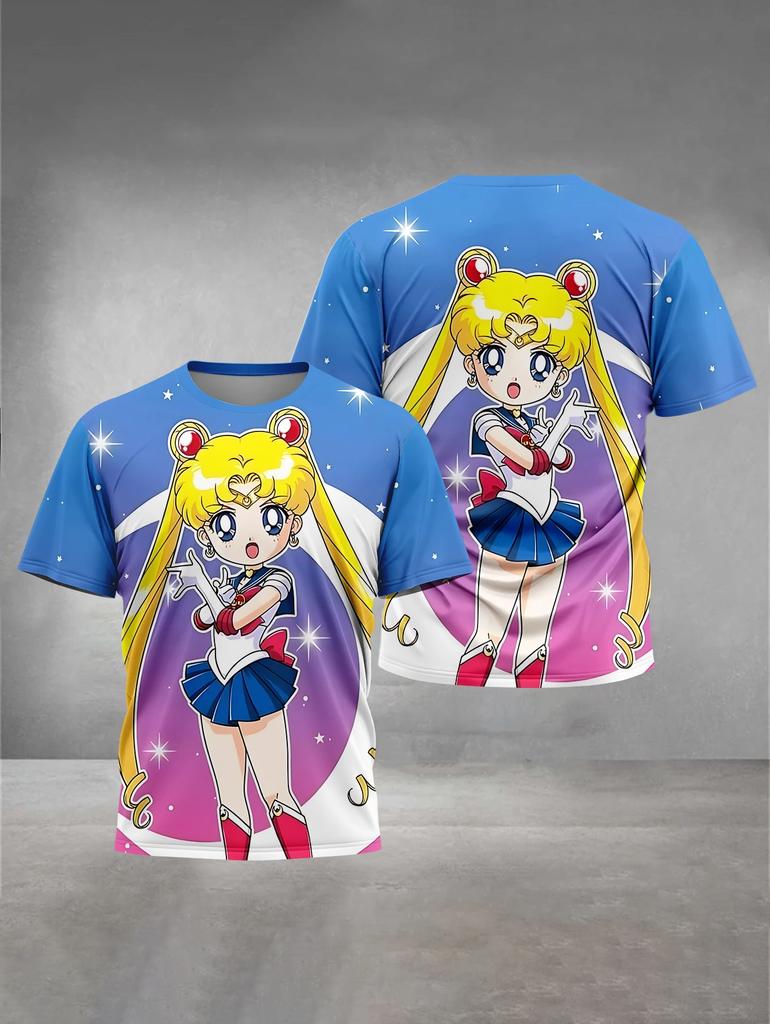 2026 Summer Sailor Moon Retro Cosplay T-shirt Oversized 3D Printed Short-sleeved Family Unisex Children's Sports Shirt