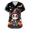 Women's V-neck Halloween Printed Short-sleeved Pocket Side-slit Protective Suit Top