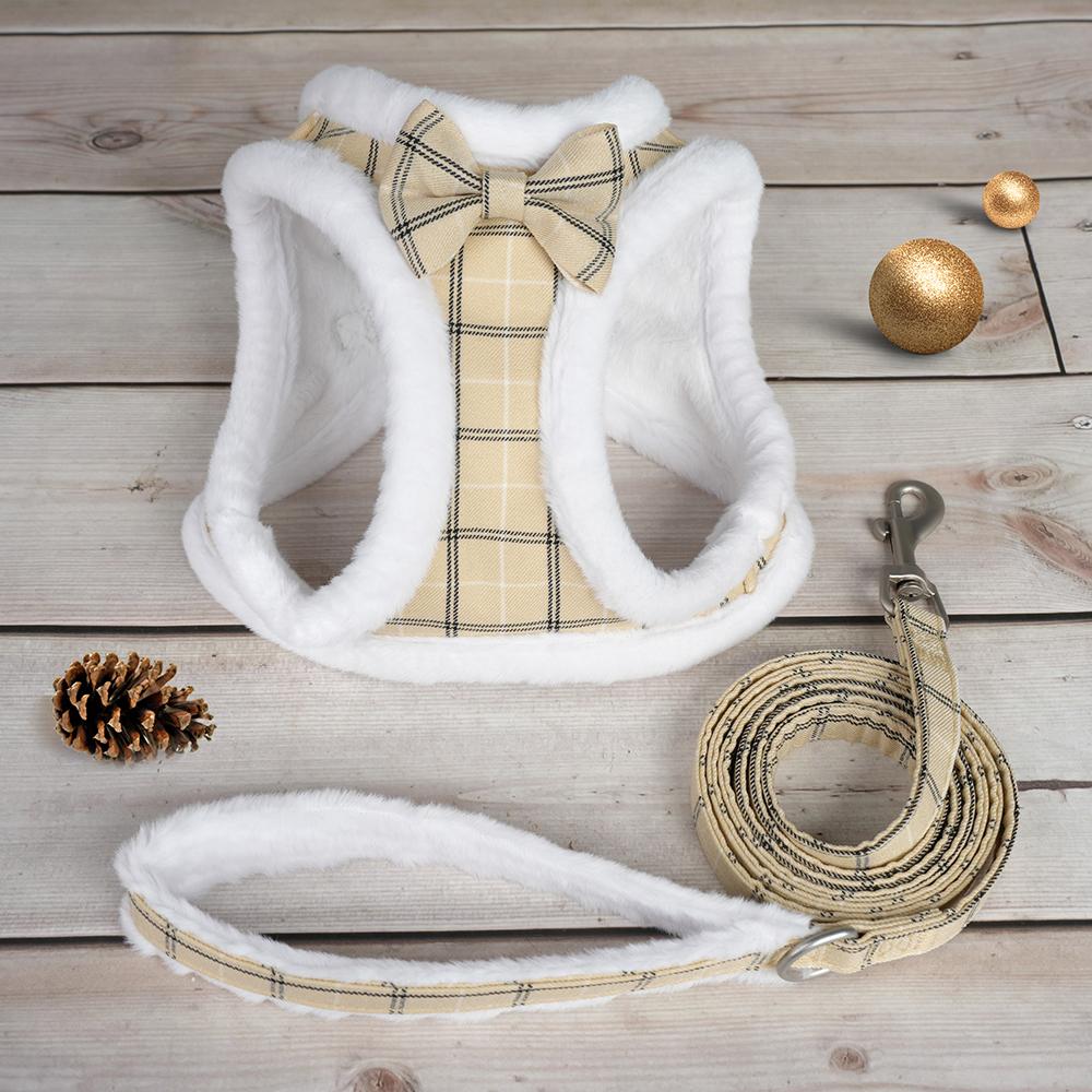 Winter Dog Harness Leash Set Warm Fur Dog Vest And Pet Walking Lead Rope Cute Bowknot Harnesses Soft For Small Medium Dogs Puppy