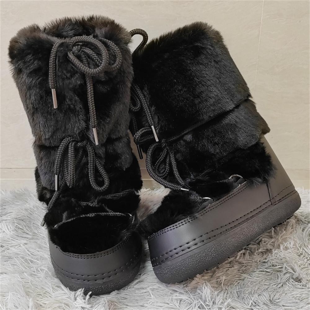 Faux Fur Boots for Women Warm Comfortable Woman Ski Boots  Winter Middle Claf Lace-up Waterproof Platform Snow Boots Black