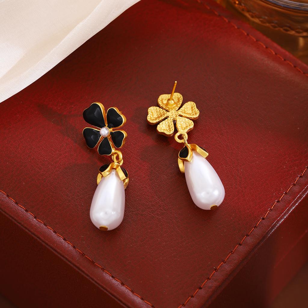 French Retro Elegant Oil Drop Flower Water Drop Pearl Earrings, Light Luxury High Sense Medieval Vintage Earrings Women