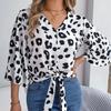GMXIA Moda damska Casual Lato Nadruk w panterkę Rękawy 1/2 Dekolt w kształcie litery V Luźne bluzki i sznurowane szyfonowe topowe koszule