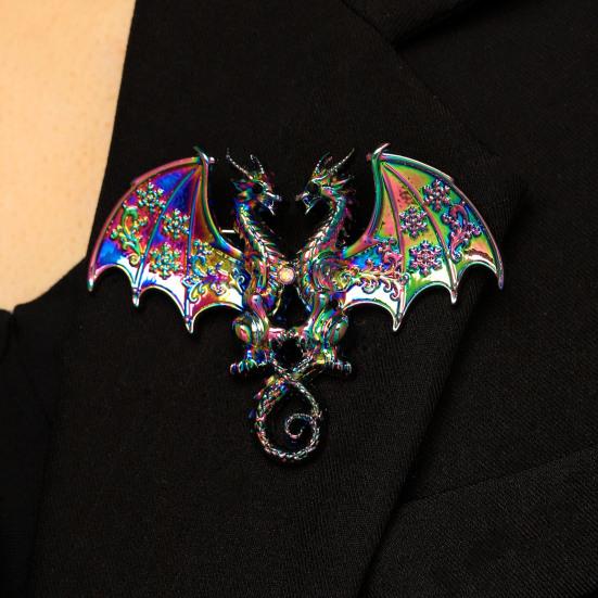Yousheng Two-Headed Dragon Design Brooch, Gradient Enamel Electroplated Finish Safety Pin, Fade-Resistant Brooch for Suits Coats Bags
